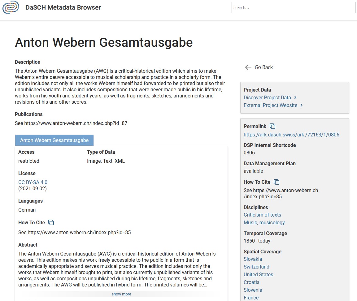 The AWG in the DaSCH Metadata Browser